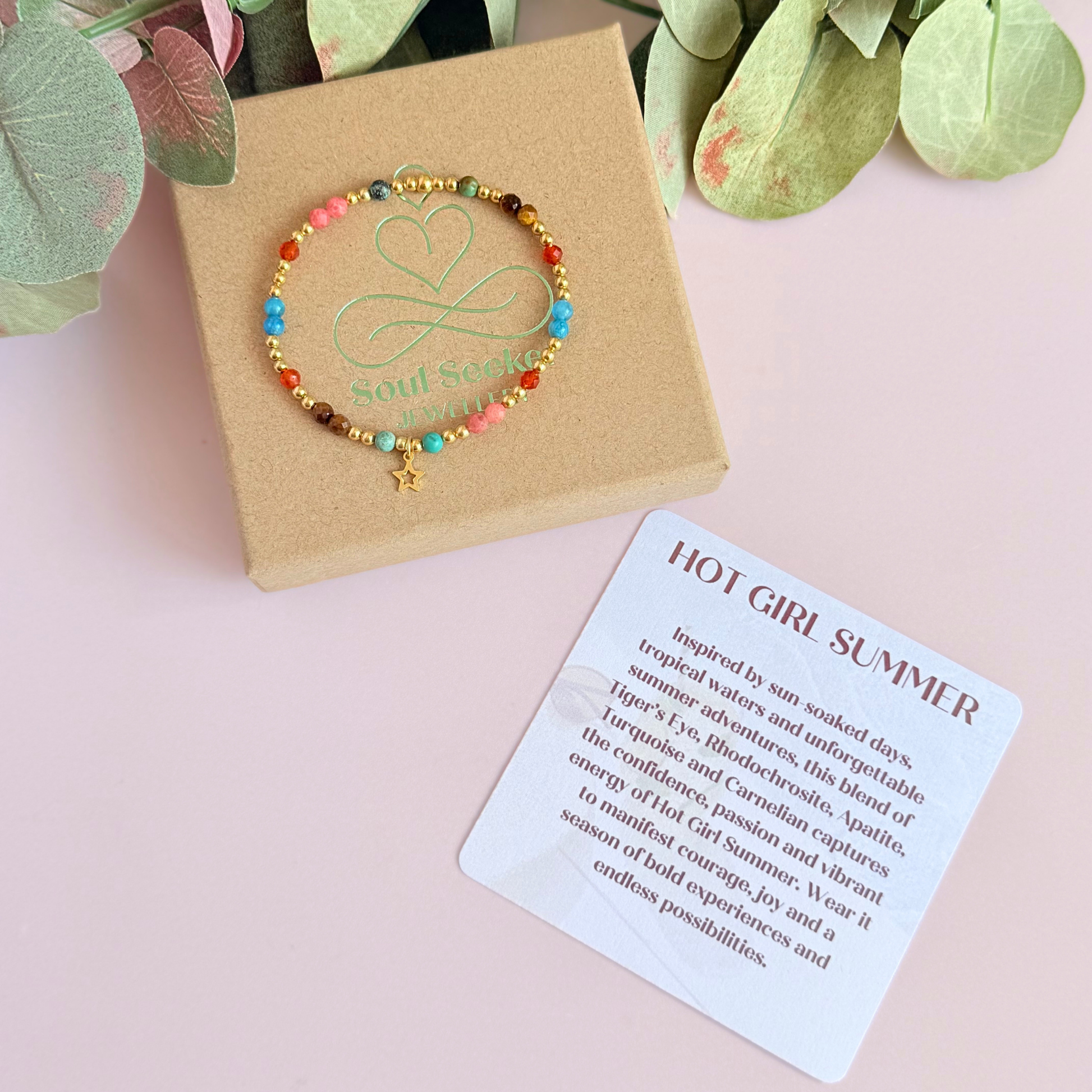 'Hot girl summer' gold vermeil dainty beaded bracelet with tigers eye, turquoise, apatite, carnelian and rhodochrosite. With a beautiful open star charm.Made with round 3mm gold vermeil beads and 4mm smooth and faceted round crystal gemstone beads. Pictured n top of the gift box, with the crystal information card.