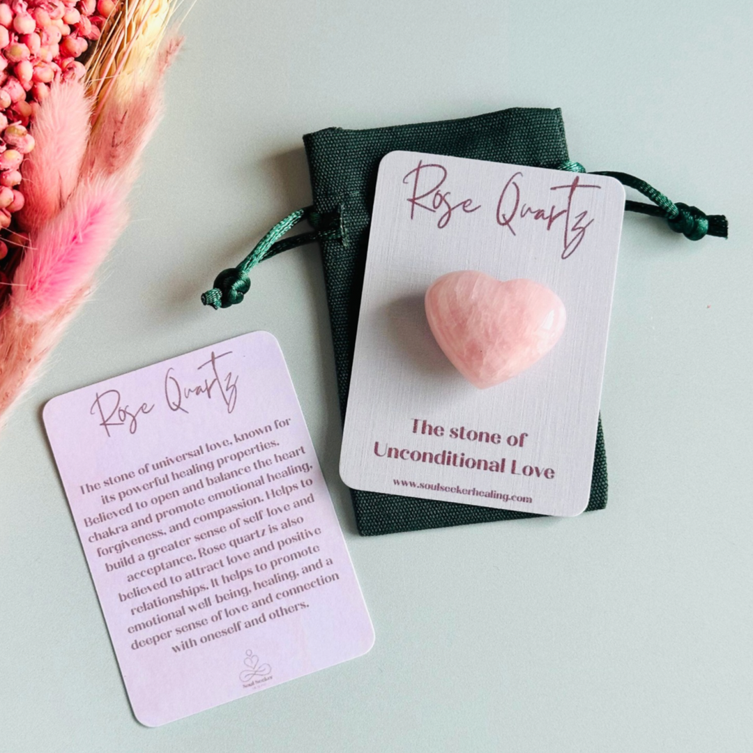 A beautiful, ethically mined rose quartz heart, presented on an eco-friendly textured card with the words ‘The stone of universal love.’ This heart shaped rose quartz crystal measures approximately 25mm x 25mm, making it an ideal size to carry with you wherever you go or to display in your sacred space. A cotton bag is included to keep it safe.