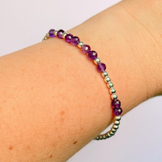 Amethyst February Birthstone Bracelet. Morse Code Custom Name Sterling Silver Bracelet
