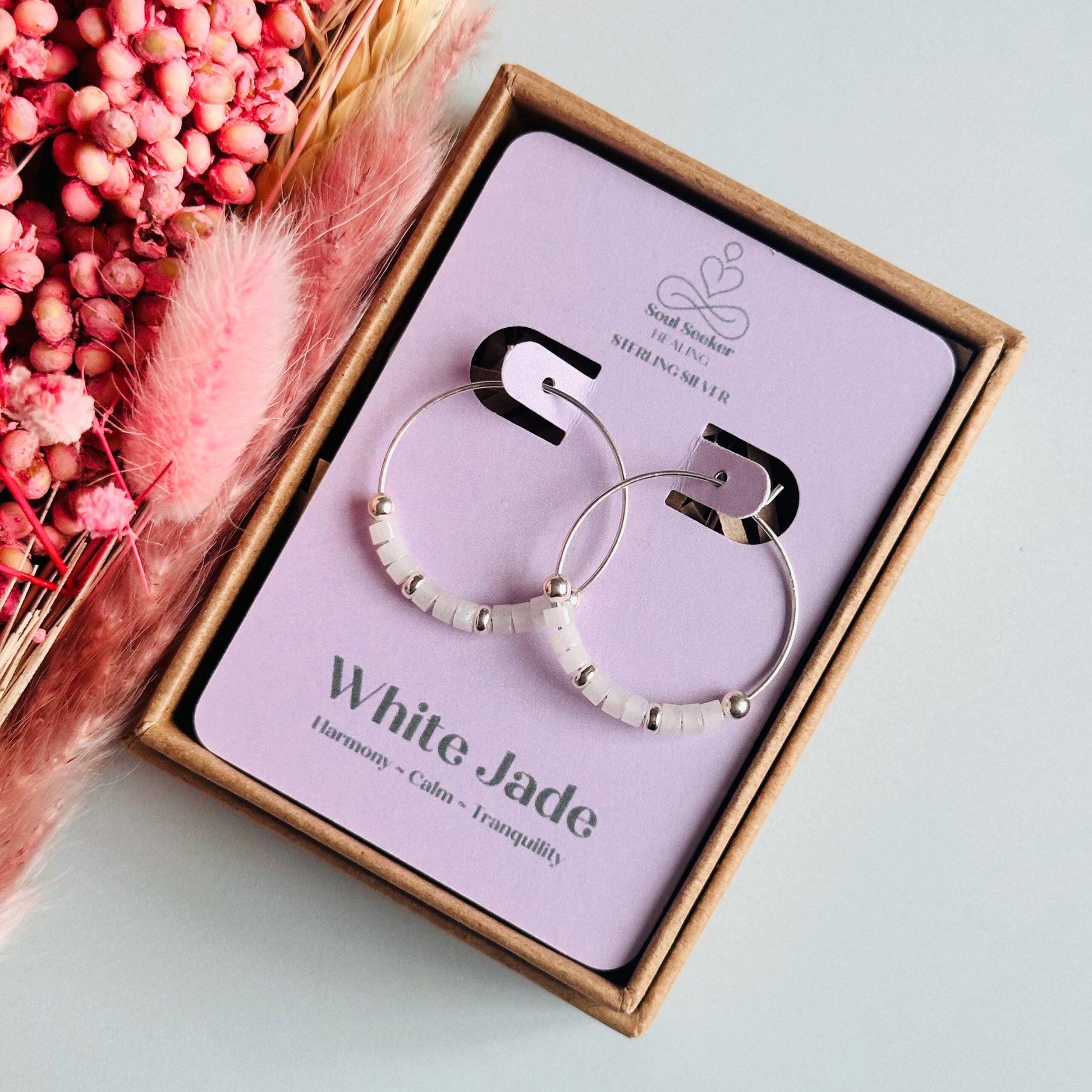 White jade sterling silver 25mm hoop earrings, white jade silver earrings
