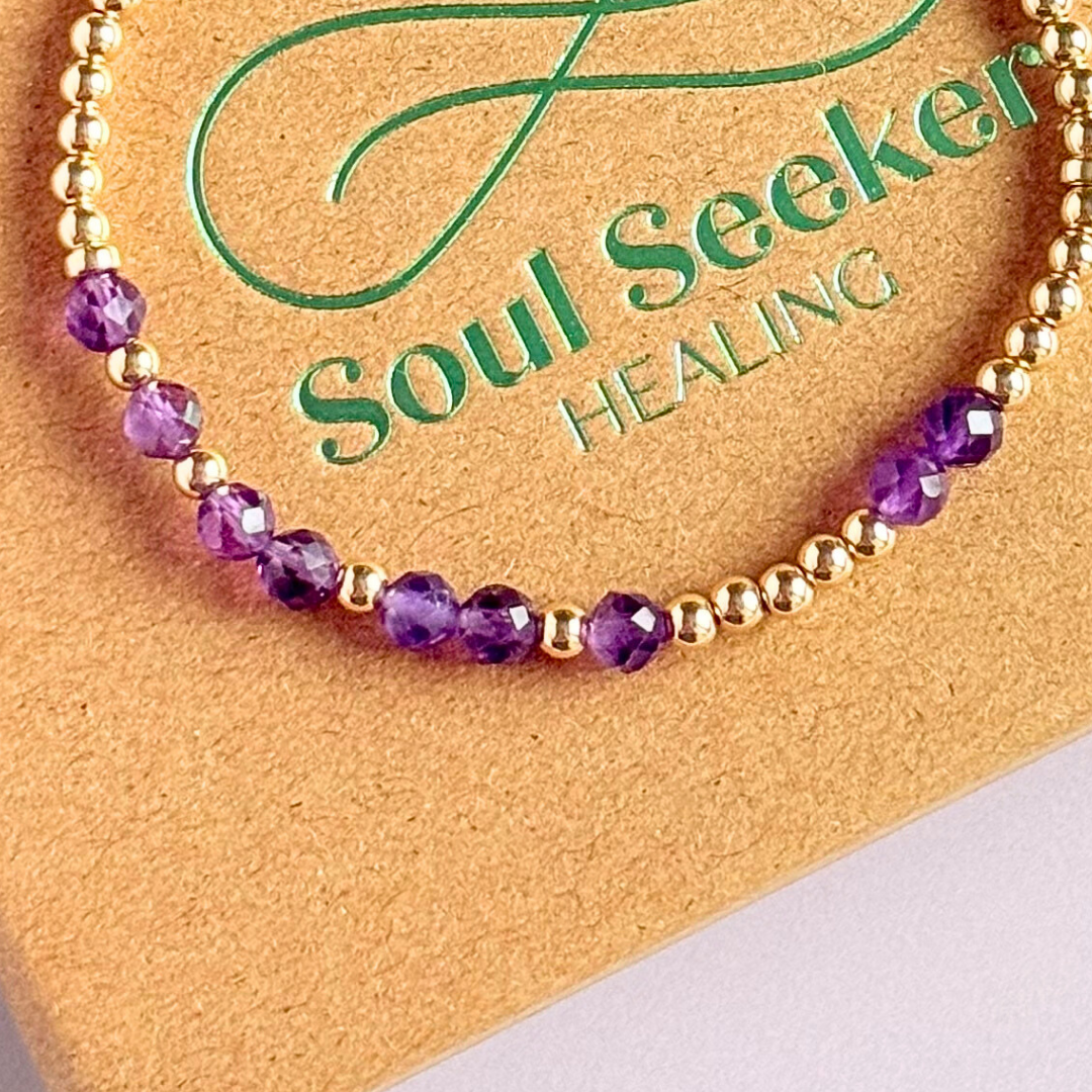 Amethyst February Birthstone Bracelet. Morse Code Custom Name Gold Filled Bracelet