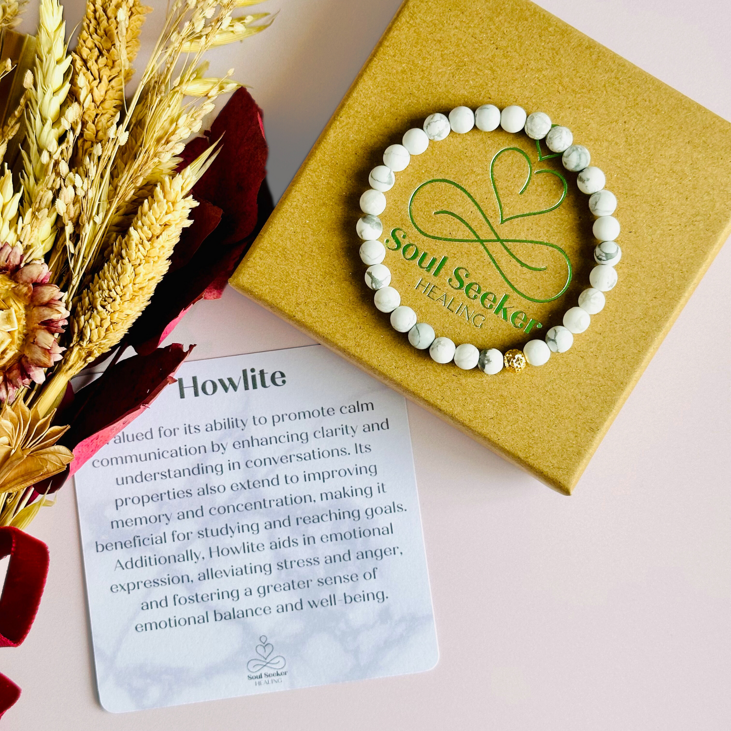 This howlite bracelet is made with ethically mined frosted howlite smooth crystal beads and features your choice of a sterling silver or gold vermeil faceted focal bead. A bracelet for emotional healing, calm and memory. All beads are 6mm.