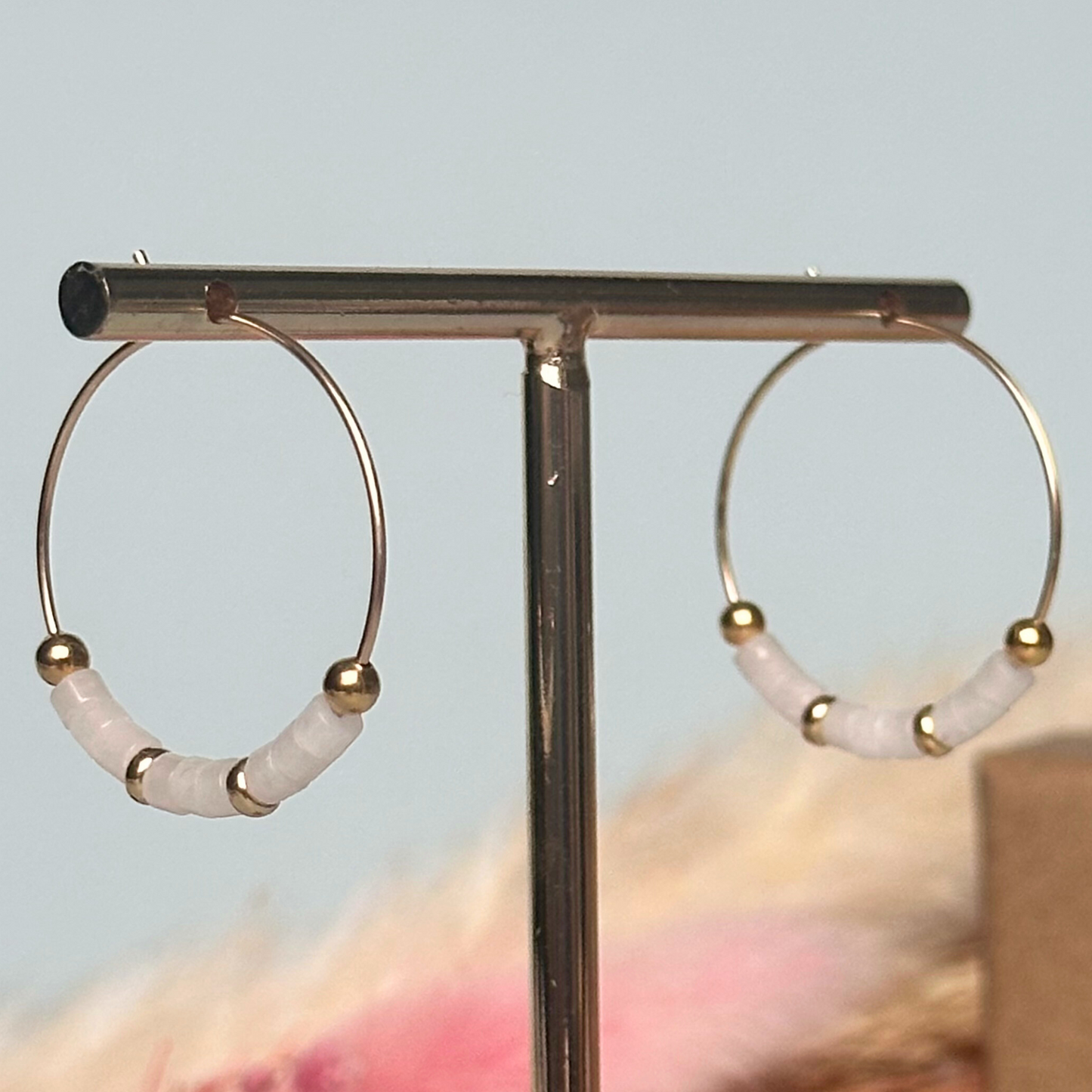 White jade 25mm gold filled hoop earrings with white jade heishi beads, white jade earrings