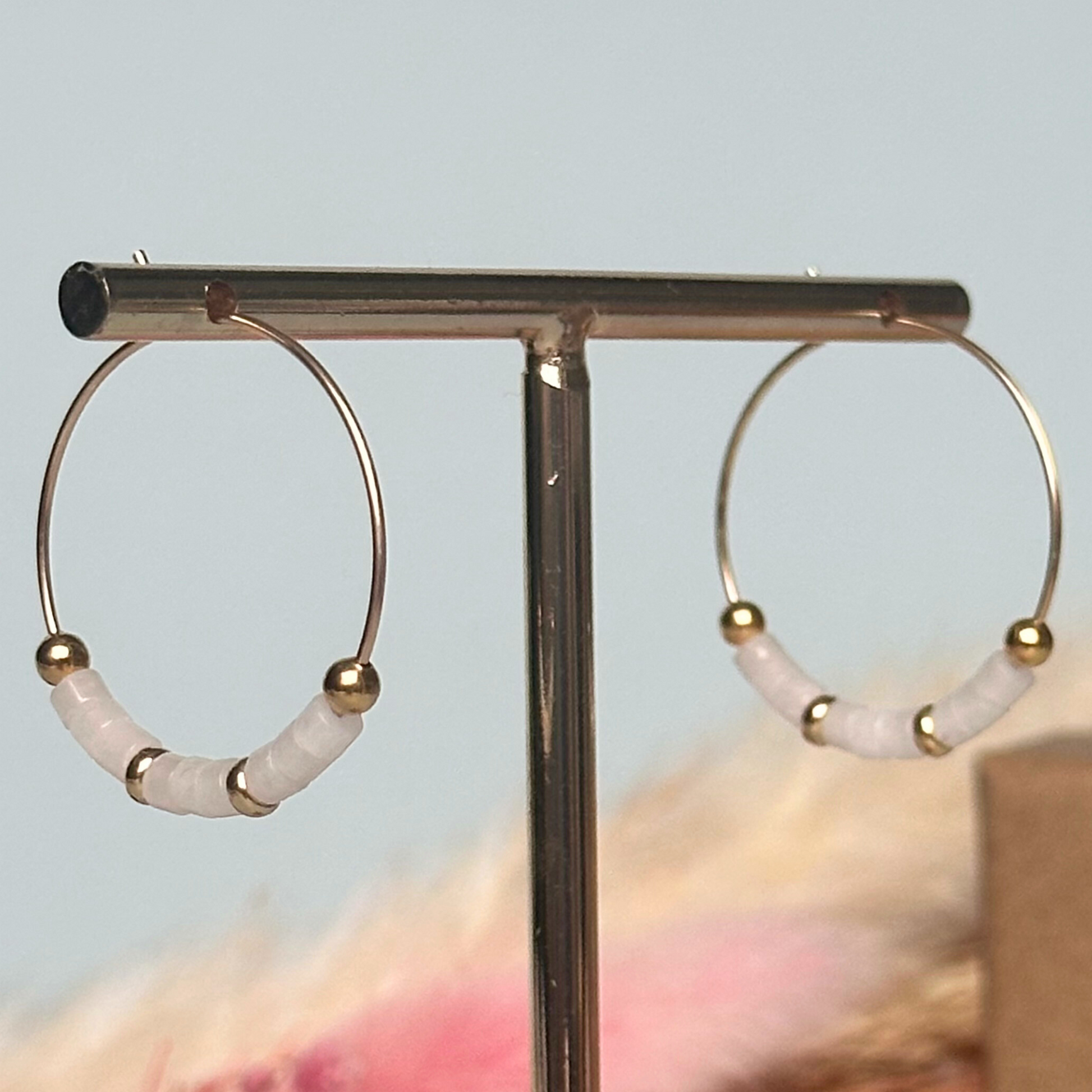 White jade 25mm gold filled hoop earrings with white jade heishi beads, white jade earrings