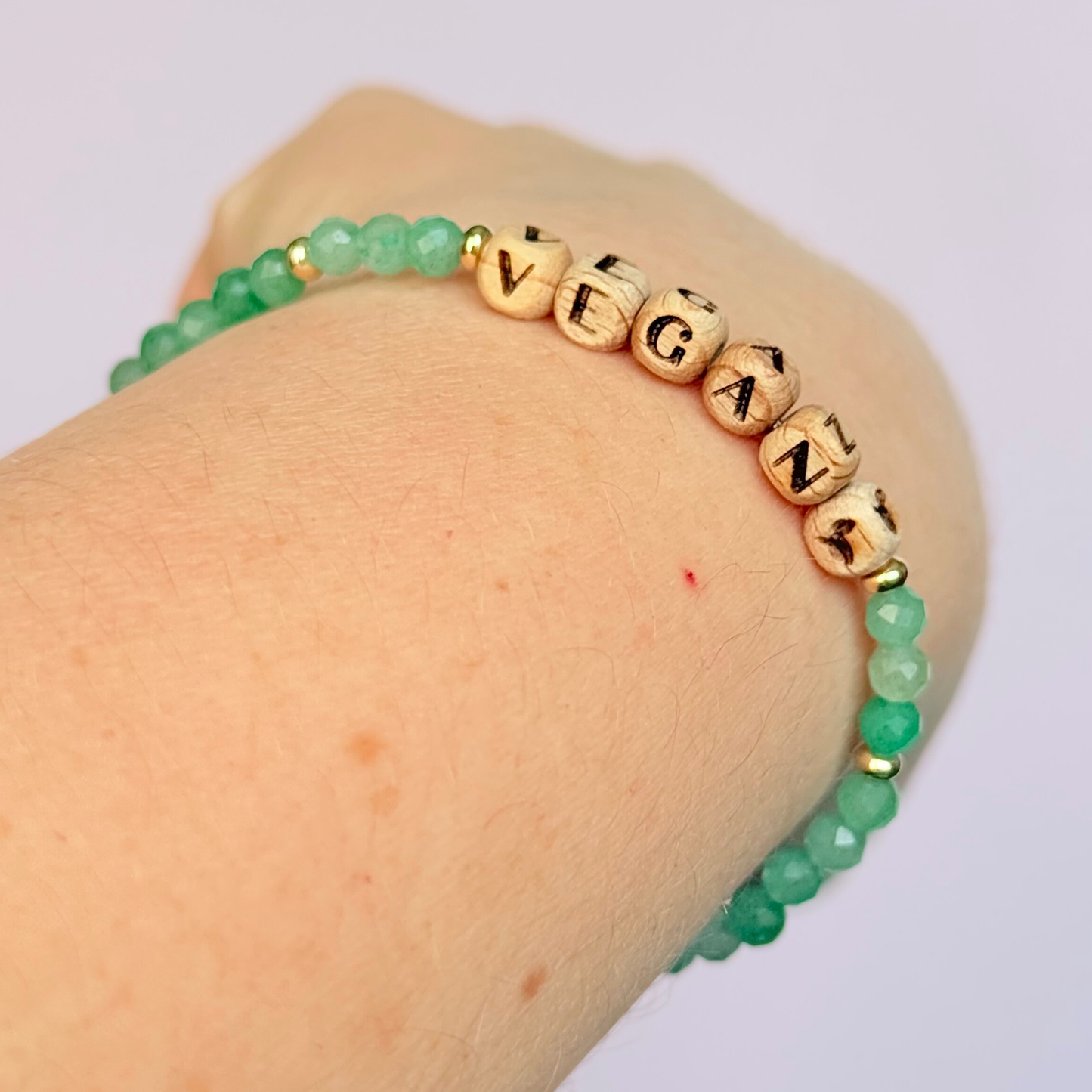 ‘Vegan’ green aventurine engraved word wooden letter bead bracelet