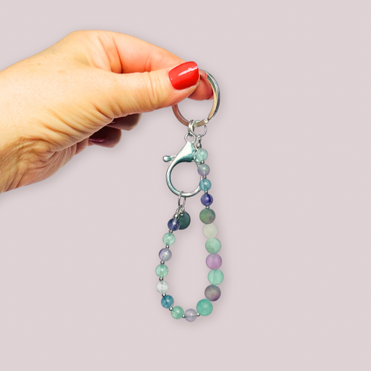 Frosted fluorite breath work beads on a silver keychain/bag charm. For the 4-7-8 counted breathing method.