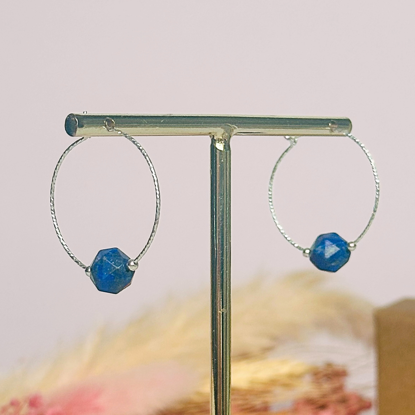 Sterling silver lapis lazuli hoop earrings, crystal healing handmade jewellery, dark blue genuine gemstone drop earrings, dainty dangly earrings