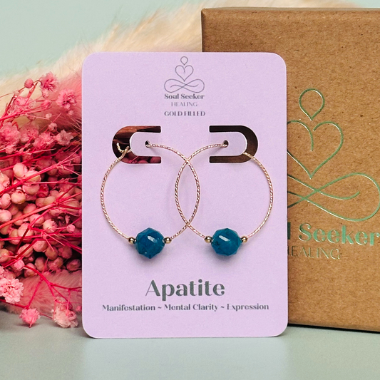 Gold filled apatite hoop earrings, crystal healing minimalist jewellery, teal blue genuine gemstone drop earrings, dainty dangly earrings
