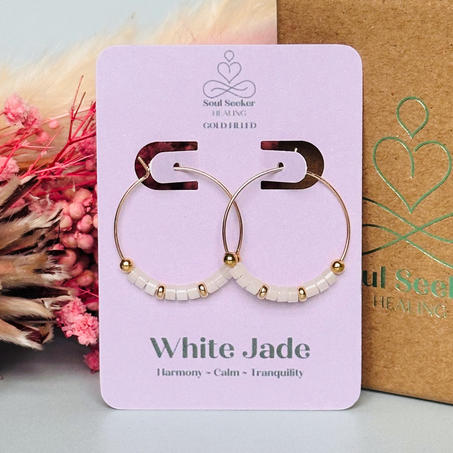 White jade 25mm gold filled hoop earrings with white jade heishi beads, white jade earrings