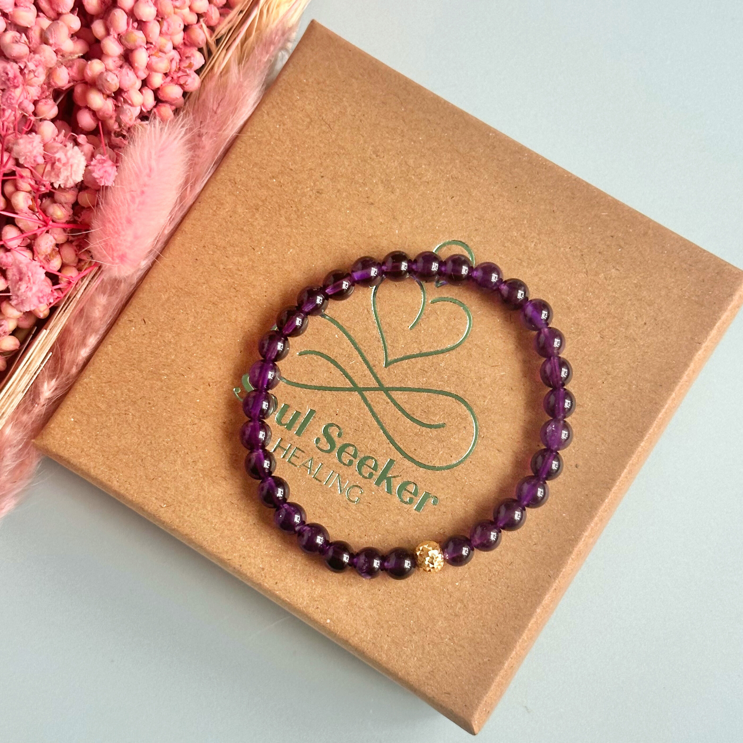 Amethyst bracelet with a faceted sterling silver or gold vermeil focal bead. A bracelet for anxiety relief, inner peace and to calm the mind. Made with 6mm beads.