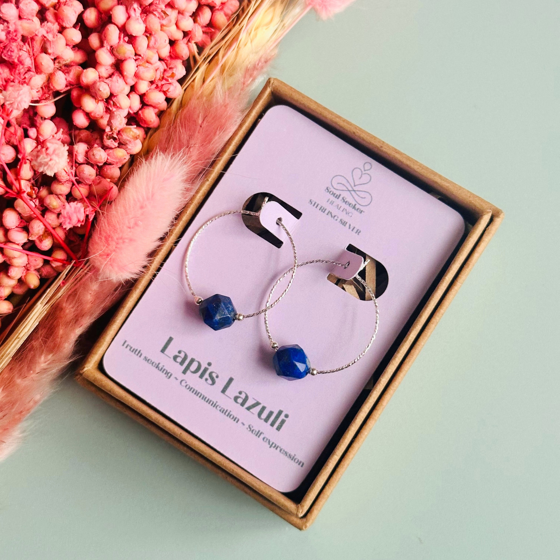 Sterling silver lapis lazuli hoop earrings, crystal healing handmade jewellery, dark blue genuine gemstone drop earrings, dainty dangly earrings