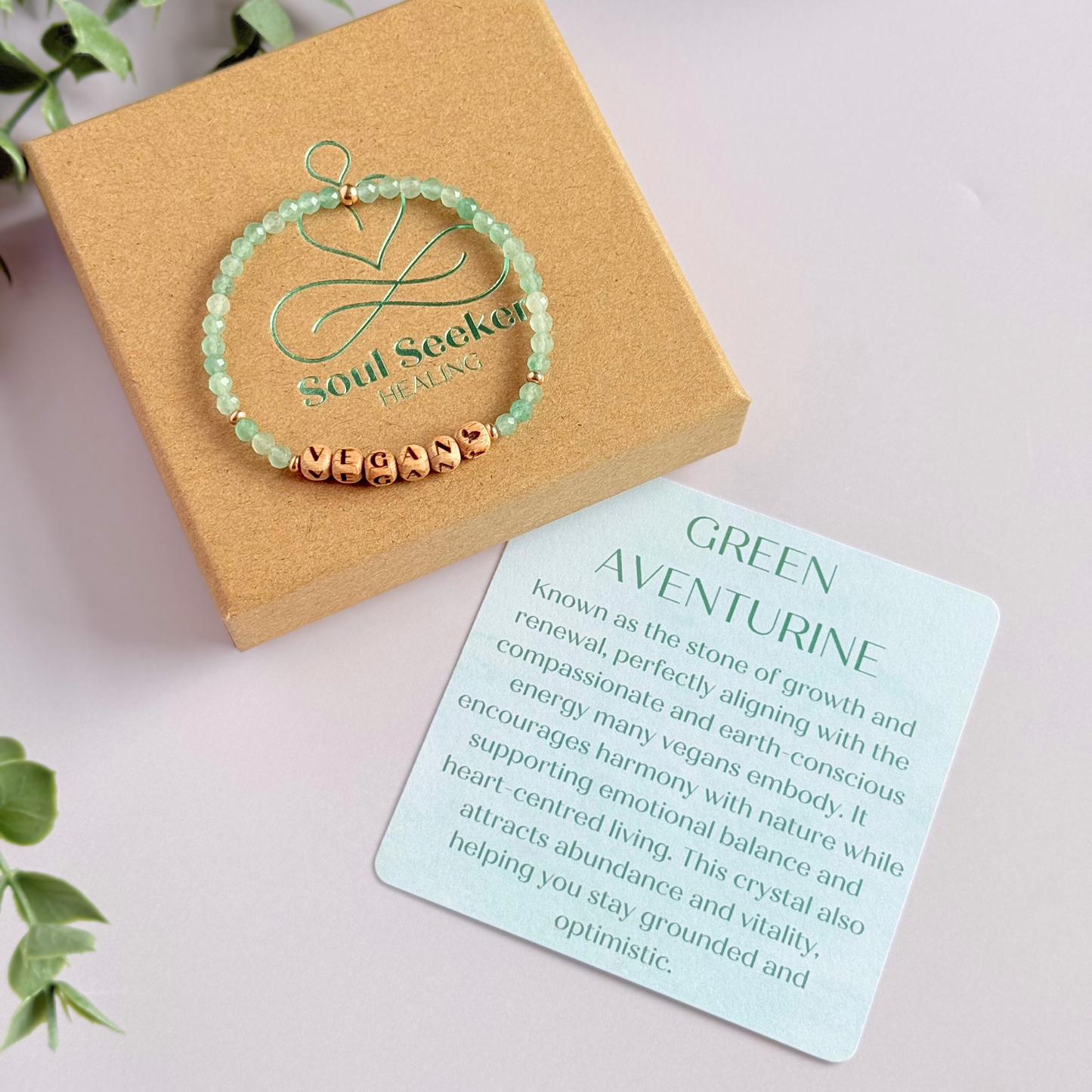 ‘Vegan’ green aventurine engraved word wooden letter bead bracelet