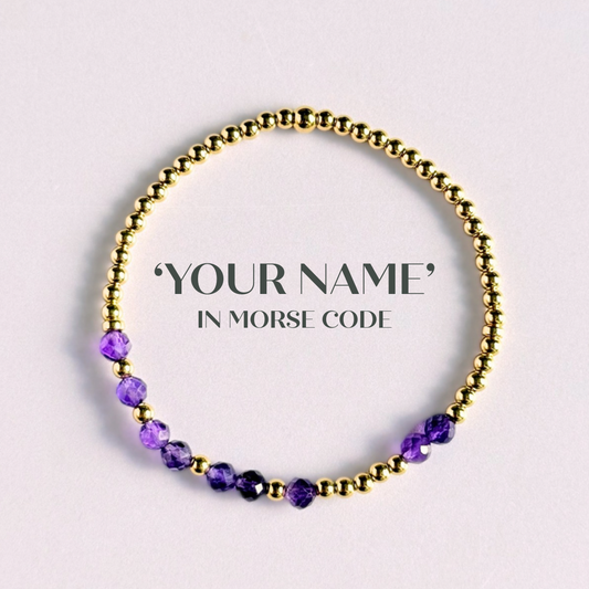 Amethyst February Birthstone Bracelet. Morse Code Custom Name Gold Filled Bracelet