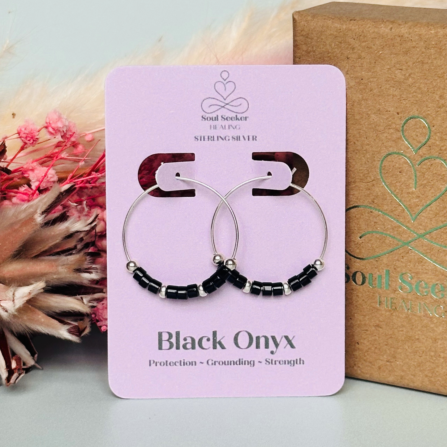 Black onyx sterling silver 25mm hoop earrings, black onyx silver earrings