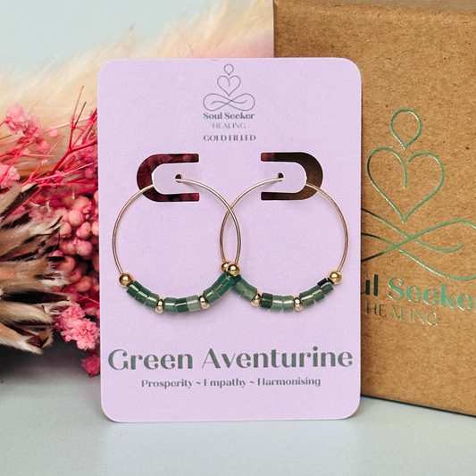 Green aventurine gold filled hoop earrings on 25mm gold filled hoops, august birthstone earrings