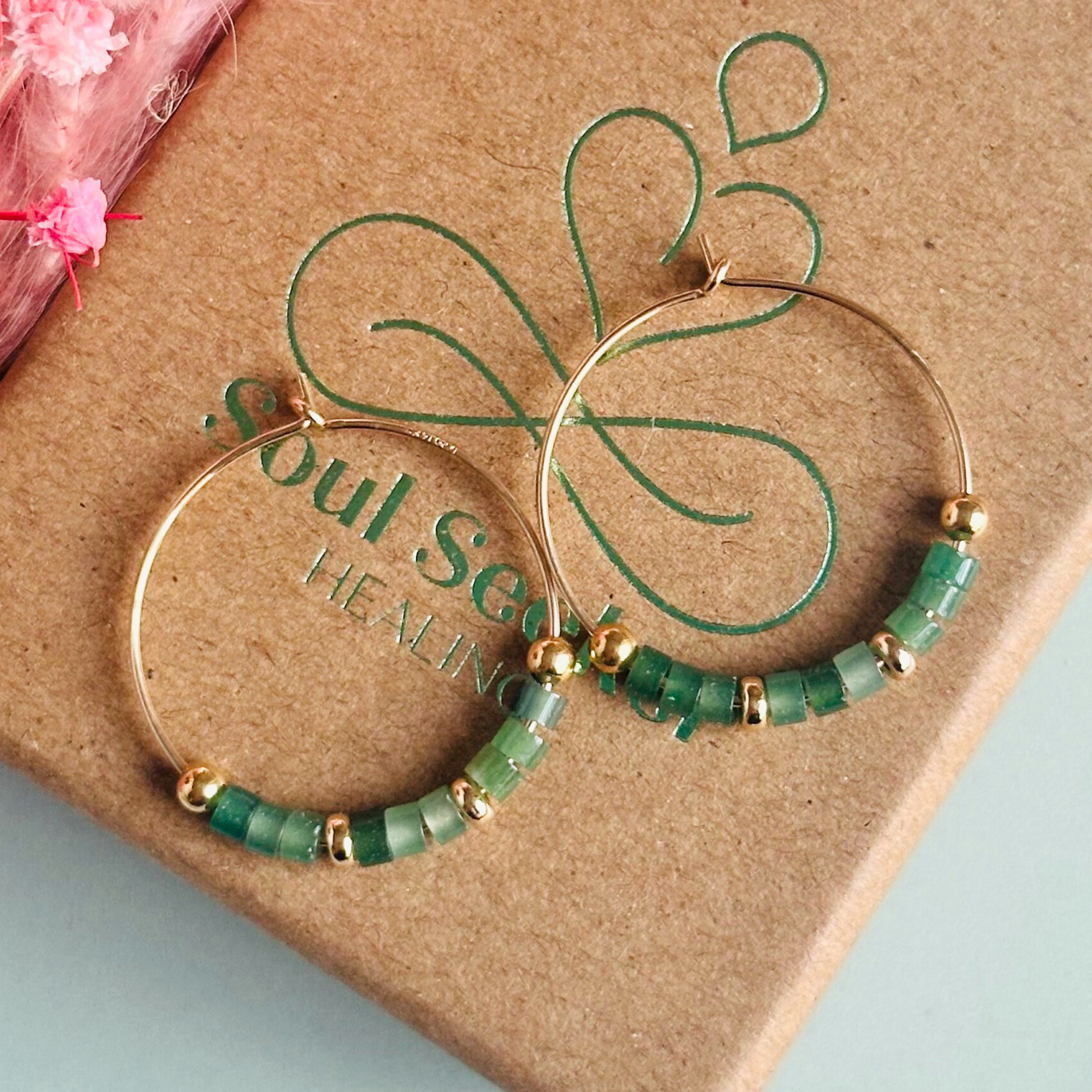 Green aventurine gold filled hoop earrings on 25mm gold filled hoops, august birthstone earrings