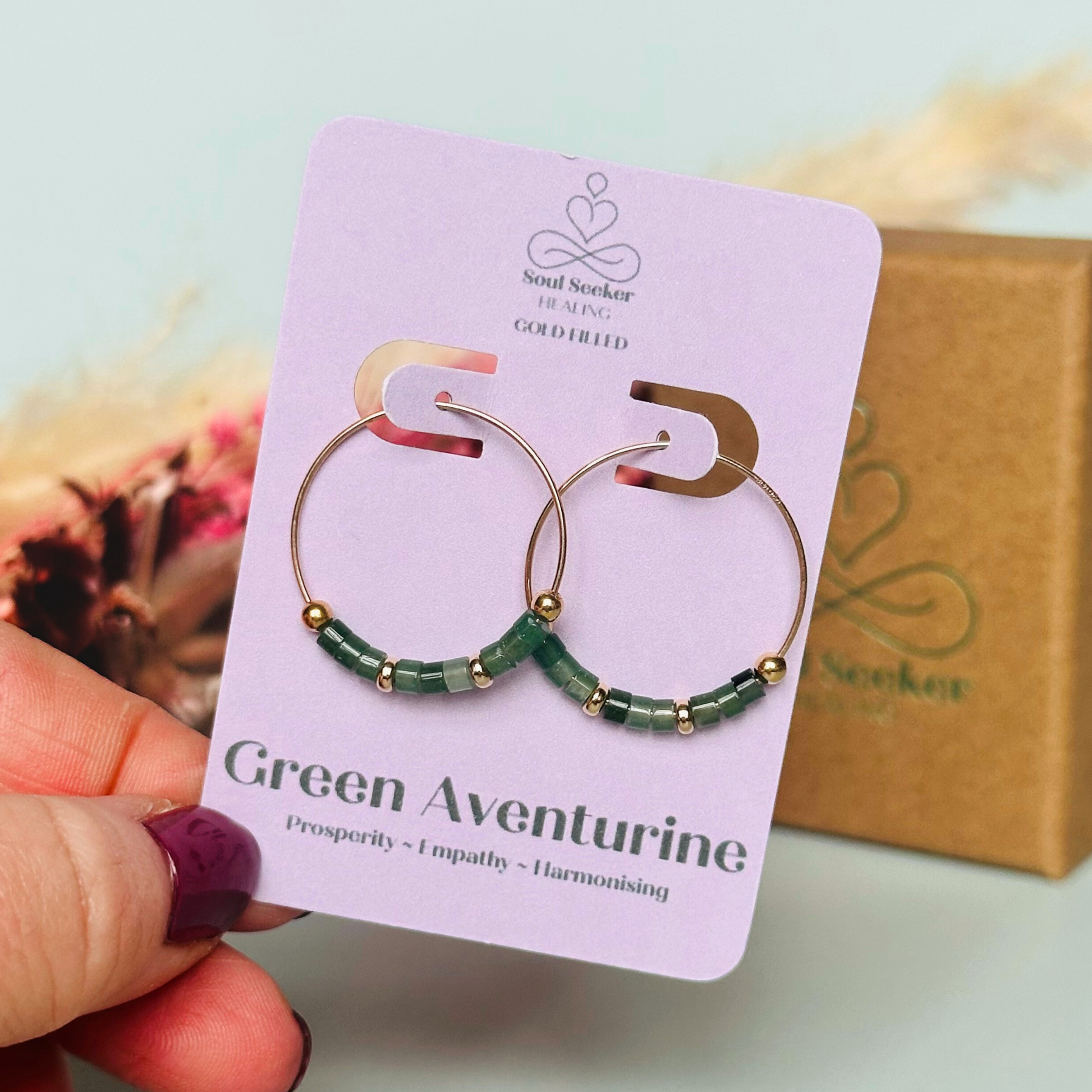 Green aventurine gold filled hoop earrings on 25mm gold filled hoops, august birthstone earrings