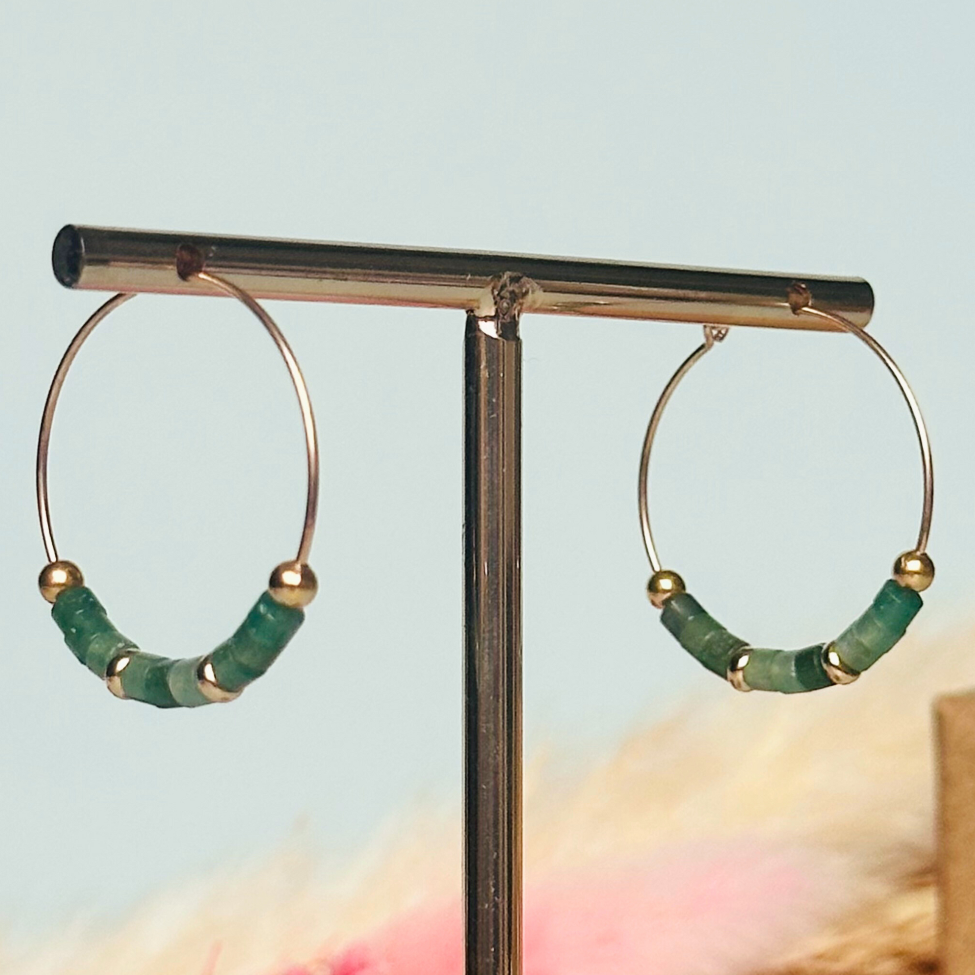 Green aventurine gold filled hoop earrings on 25mm gold filled hoops, august birthstone earrings