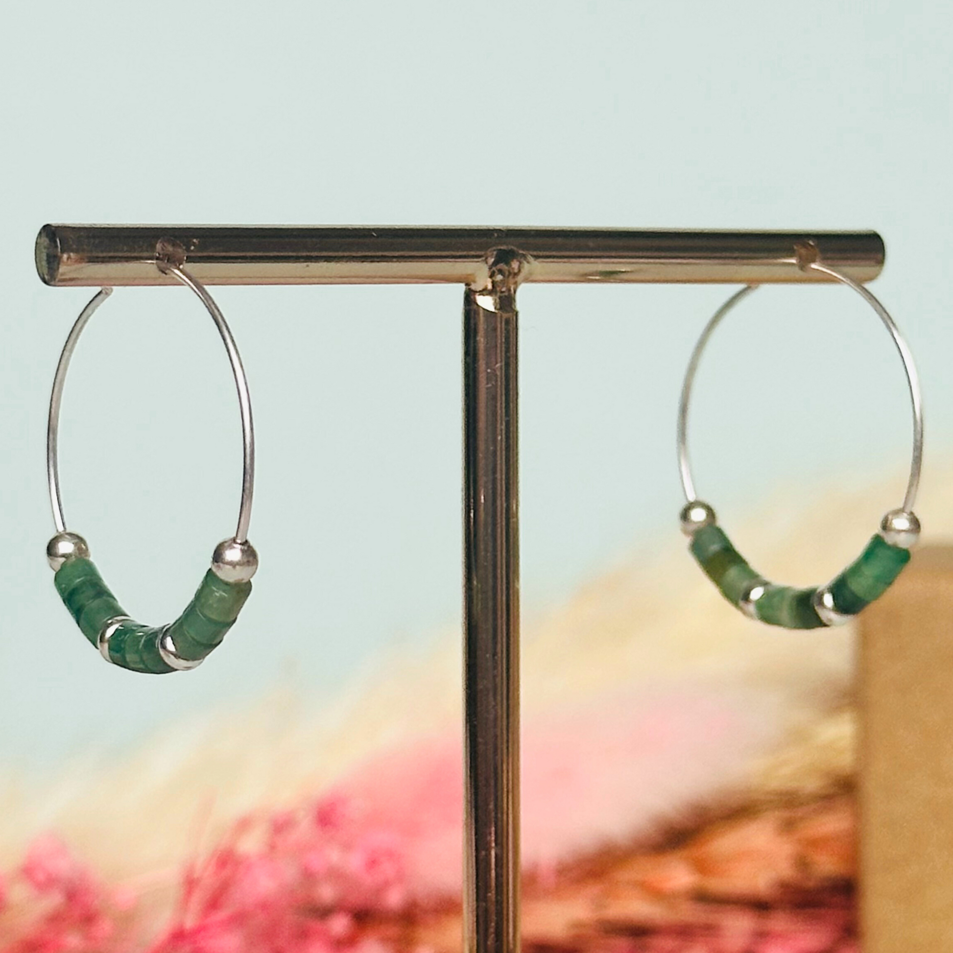 Green aventurine sterling silver hoop earrings on 25mm sterling silver hoops, august birthstone earrings