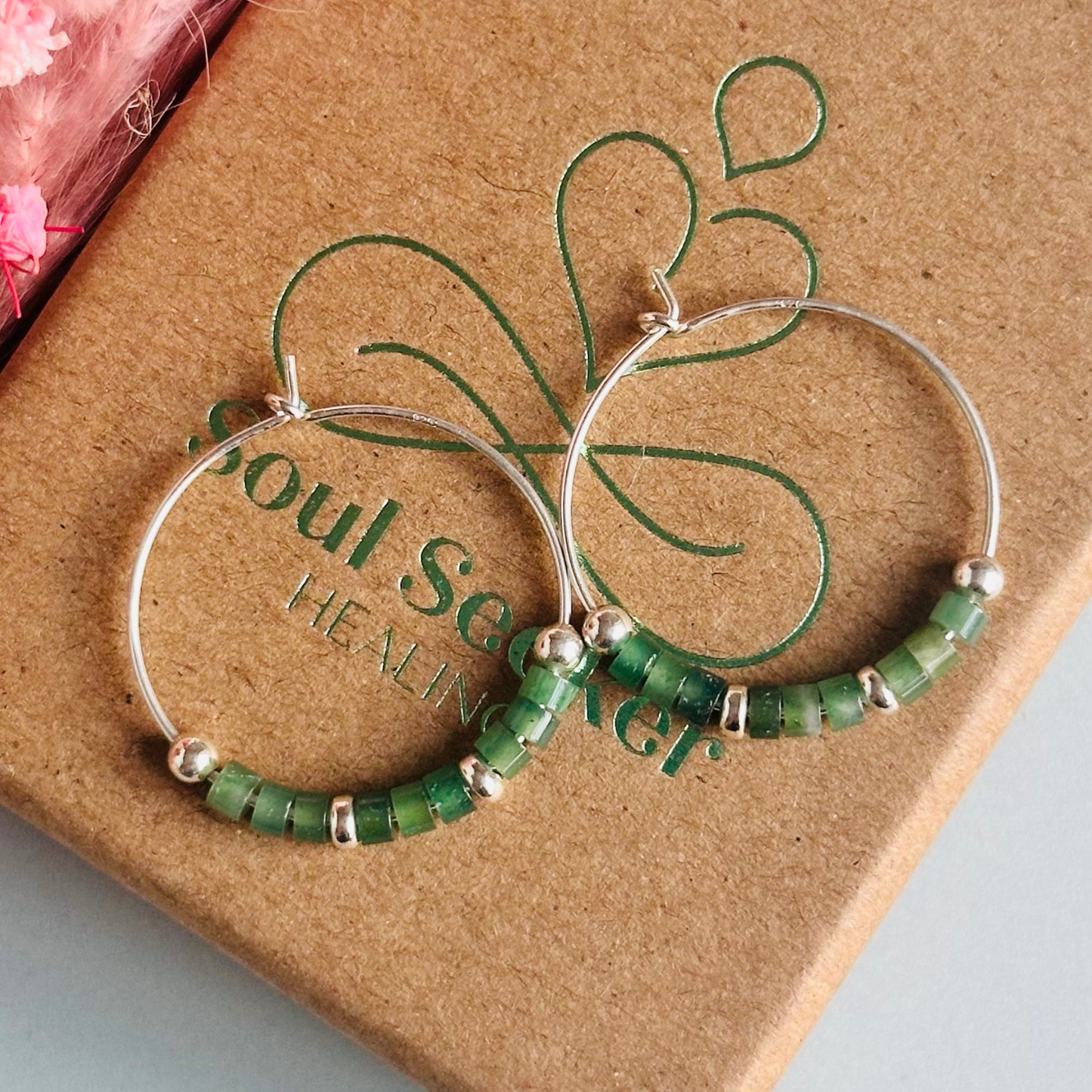 Green aventurine sterling silver hoop earrings