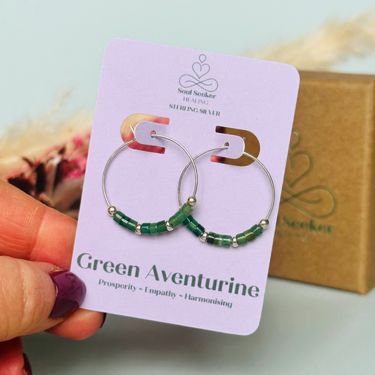 Green aventurine sterling silver hoop earrings on 25mm sterling silver hoops, august birthstone earrings