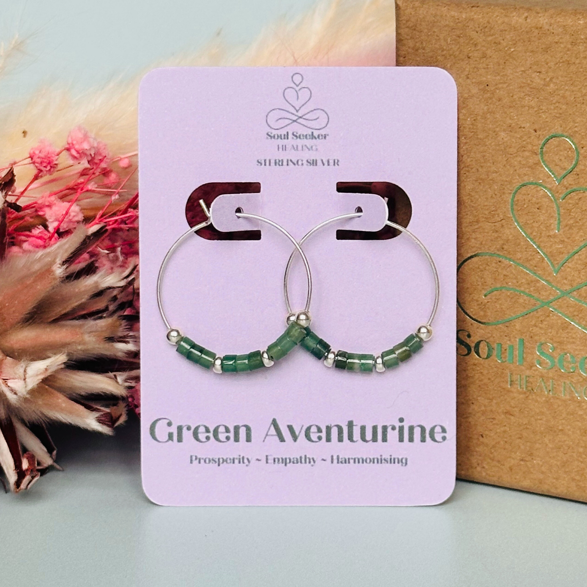 Green aventurine sterling silver hoop earrings on 25mm sterling silver hoops, august birthstone earrings