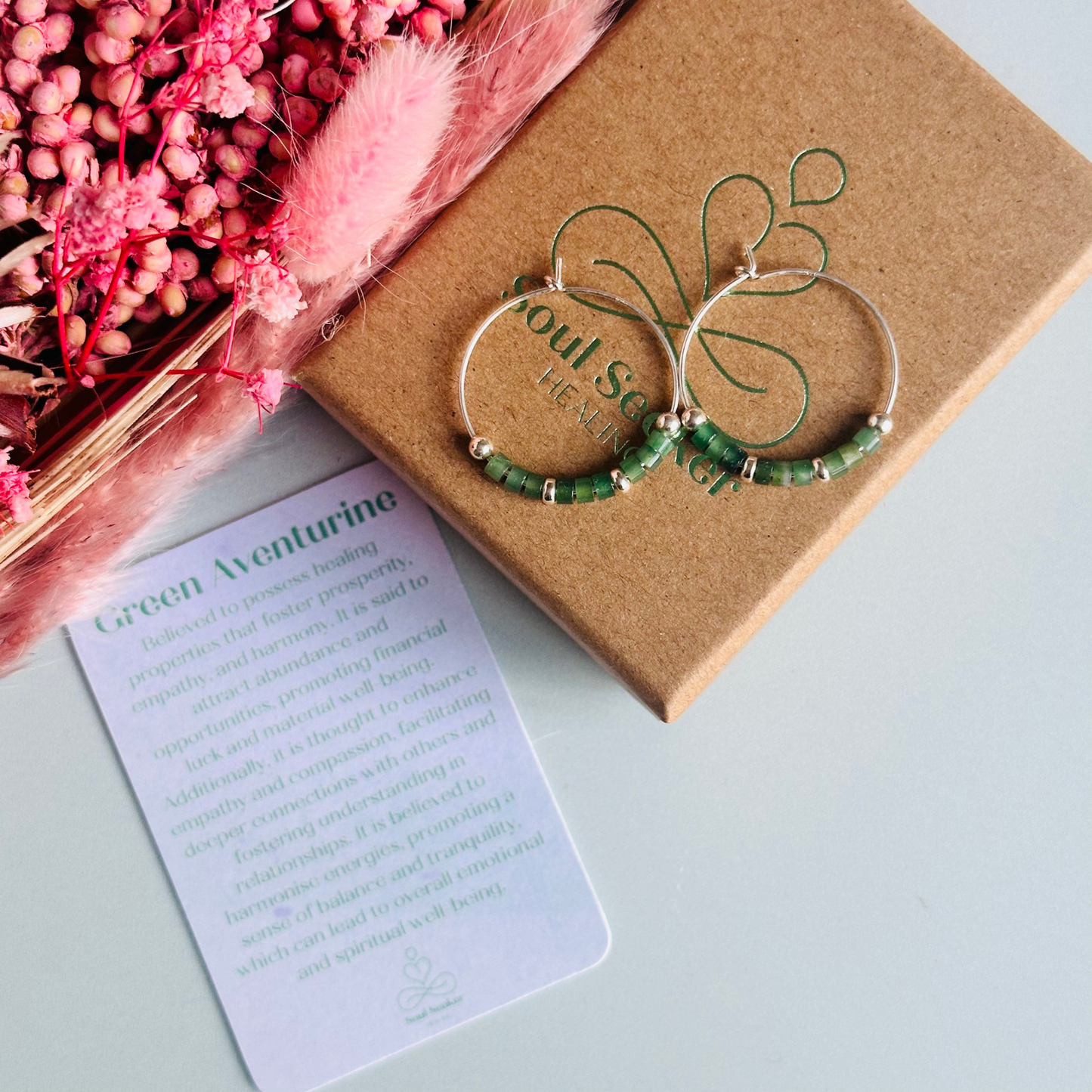 Green aventurine sterling silver hoop earrings on 25mm sterling silver hoops, august birthstone earrings