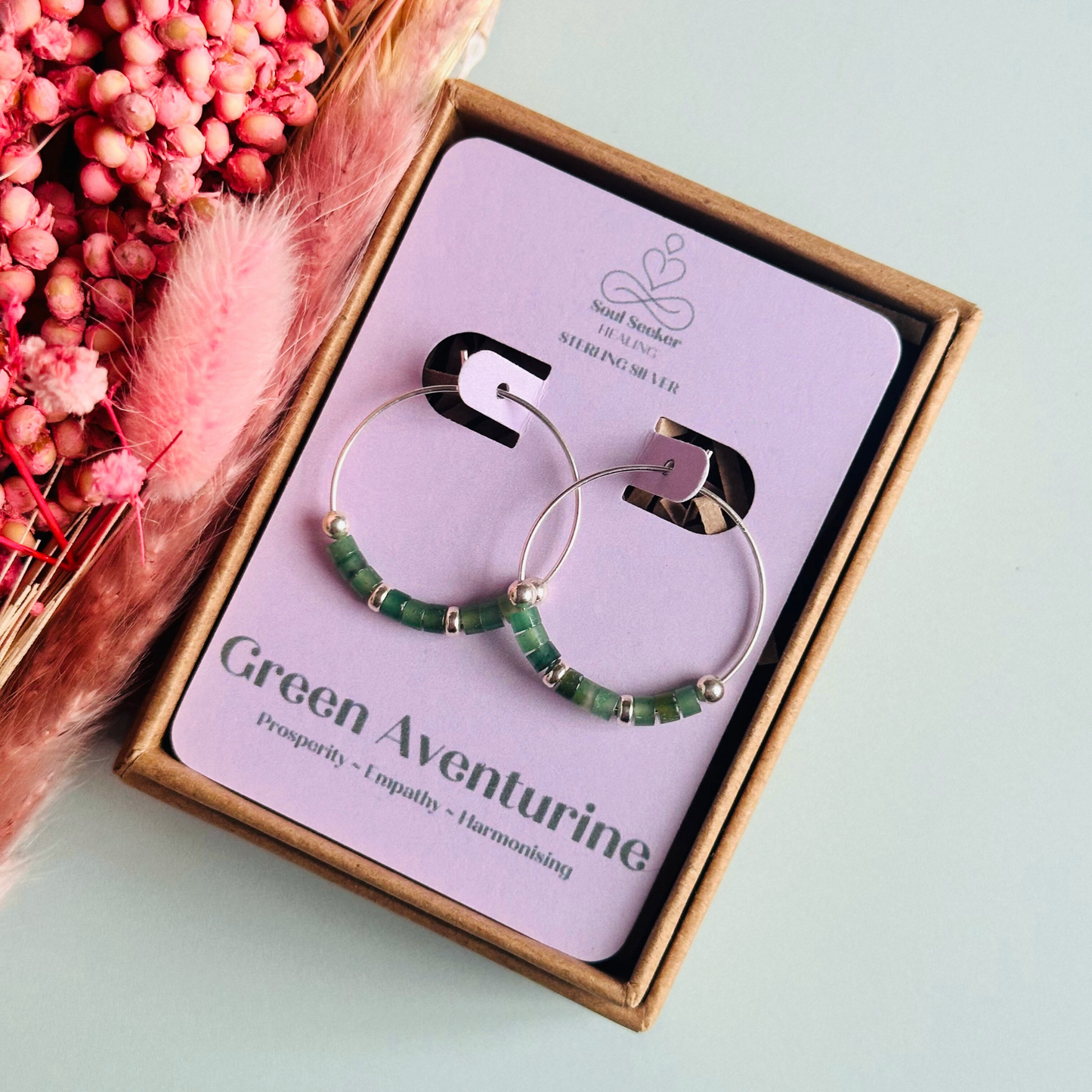Green aventurine sterling silver hoop earrings on 25mm sterling silver hoops, august birthstone earrings