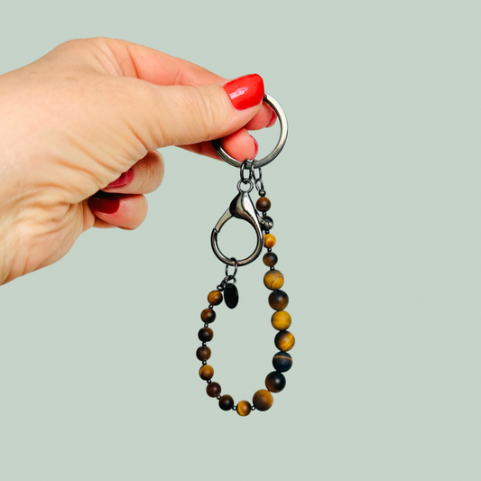 Frosted tigers eye breath work beads on a black plated keychain/bag charm. For the 4-7-8 counted breathing method.