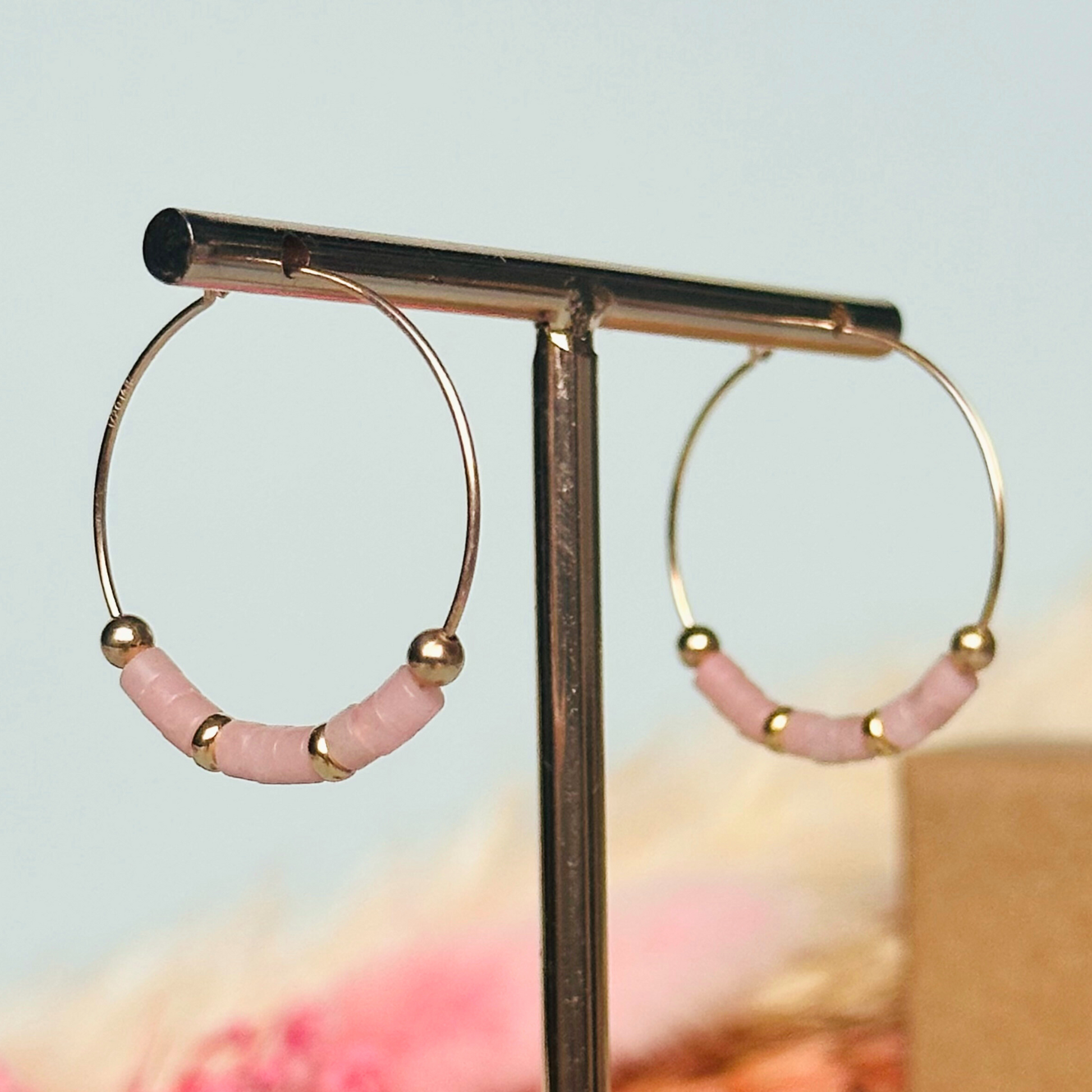 Pink jade gold filled hoop earrings on 25mm gold filled hoops,  pink jade gold earrings