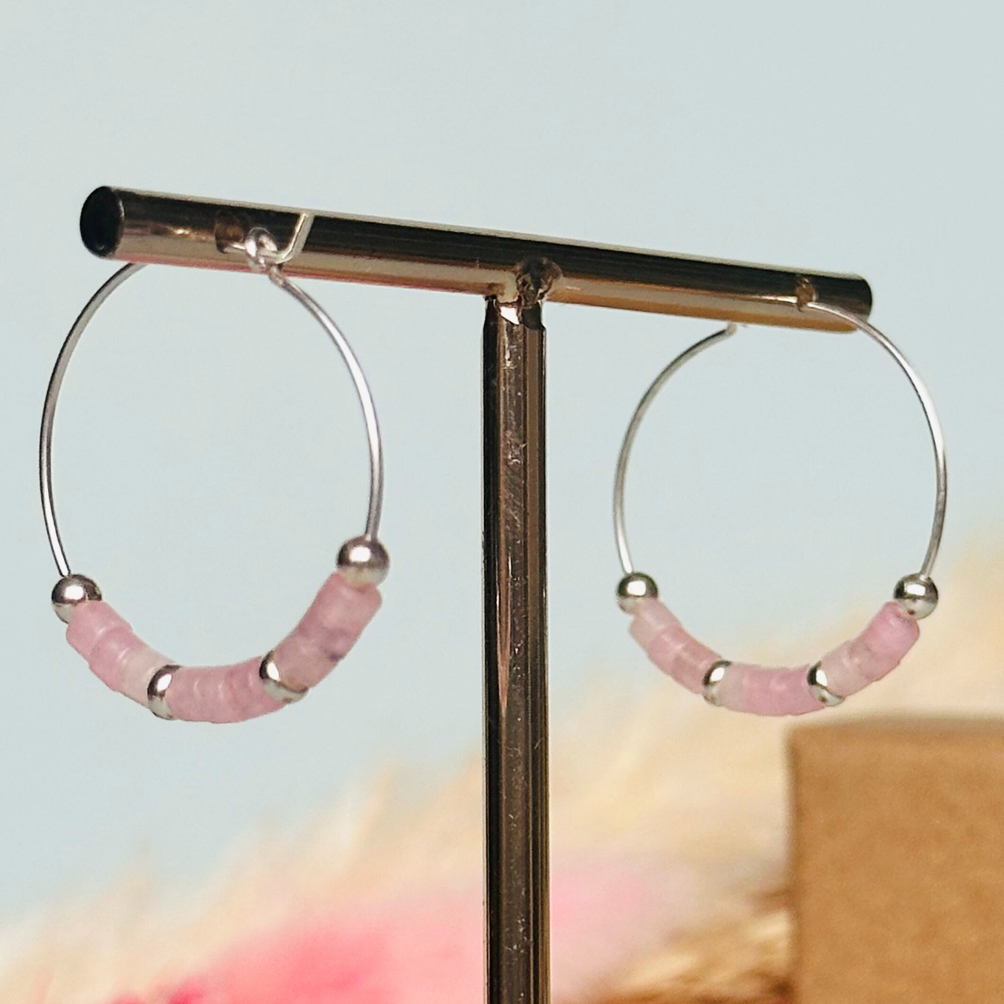 Pink jade sterling silver hoop earrings on 25mm sterling silver hoops. Crystal hoop earrings, pink silver earrings