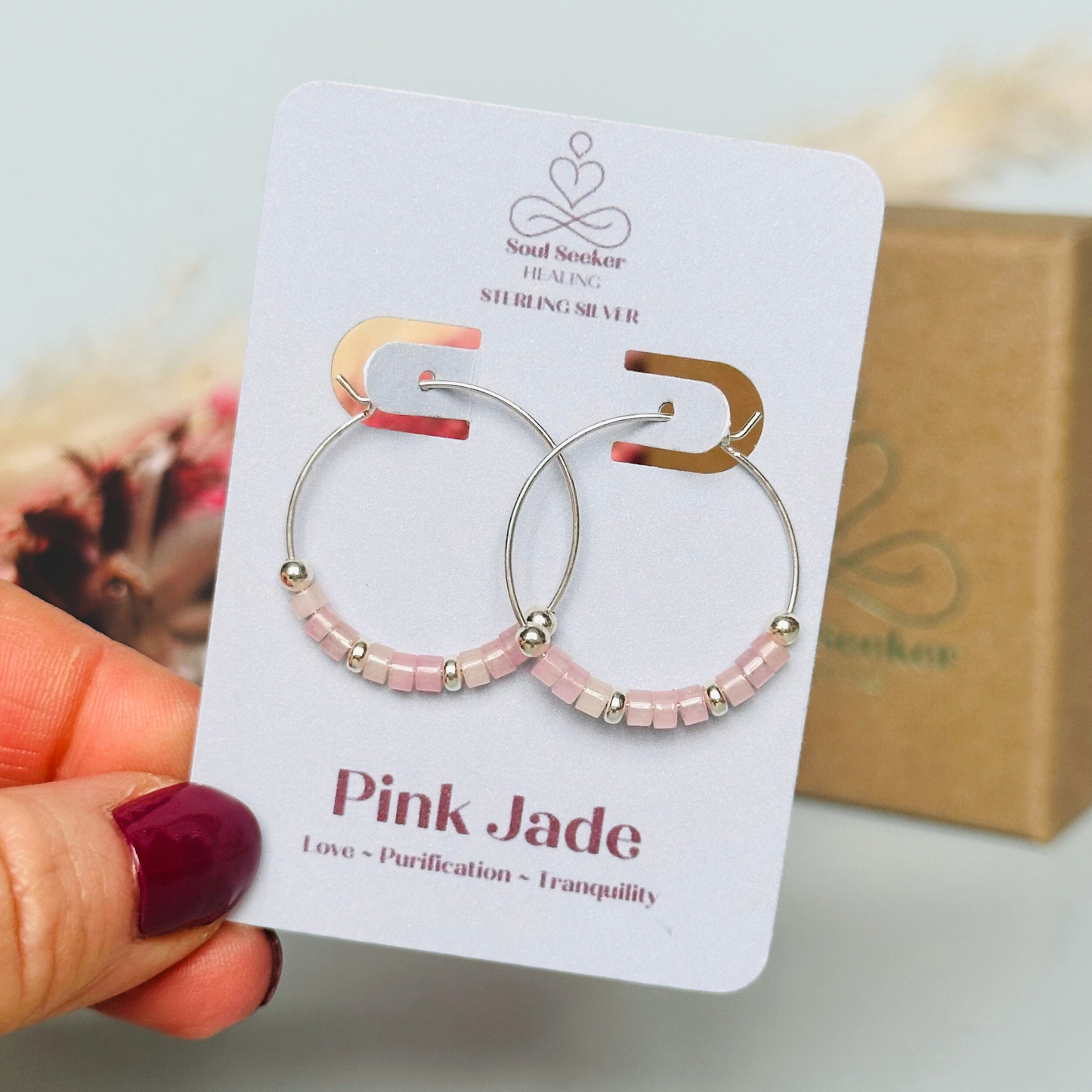Pink jade sterling silver hoop earrings on 25mm sterling silver hoops. Crystal hoop earrings, pink silver earrings