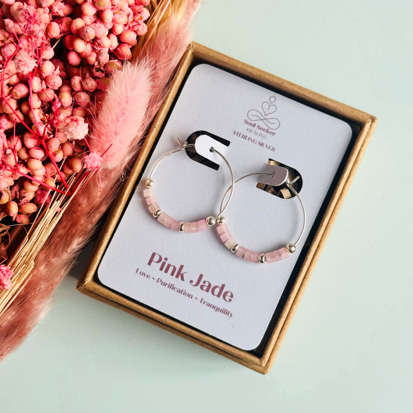 Pink jade sterling silver hoop earrings on 25mm sterling silver hoops. Crystal hoop earrings, pink silver earrings