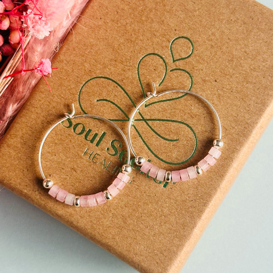 Pink jade sterling silver hoop earrings on 25mm sterling silver hoops. Crystal hoop earrings, pink silver earrings