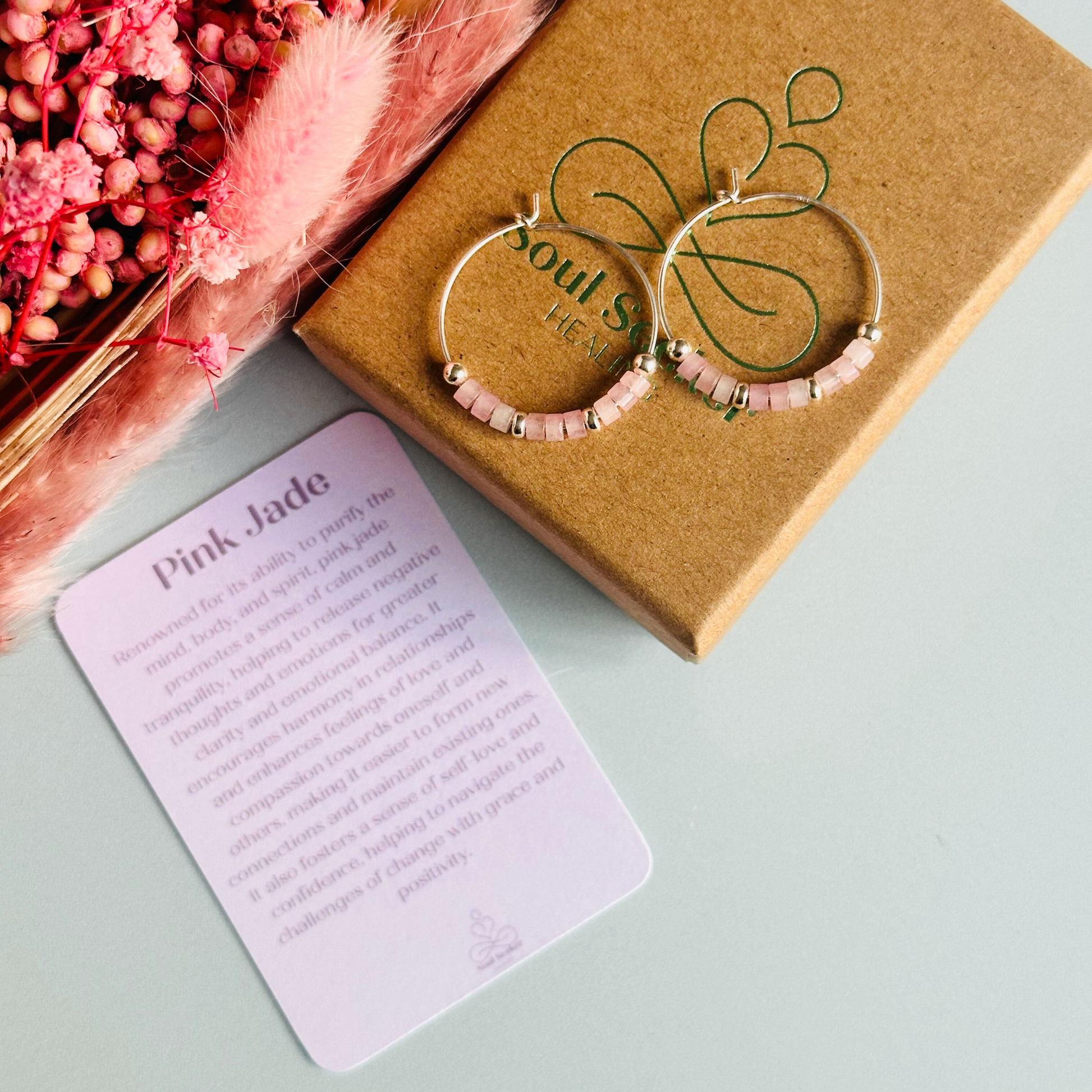 Pink jade sterling silver hoop earrings on 25mm sterling silver hoops. Crystal hoop earrings, pink silver earrings