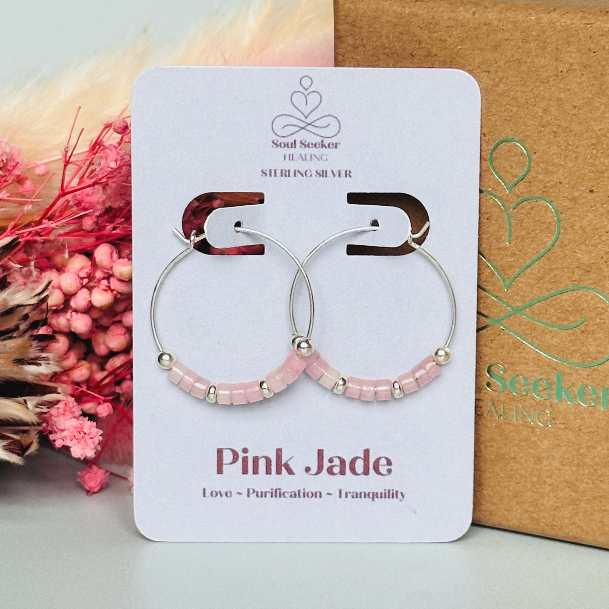 Pink jade sterling silver hoop earrings on 25mm sterling silver hoops. Crystal hoop earrings, pink silver earrings