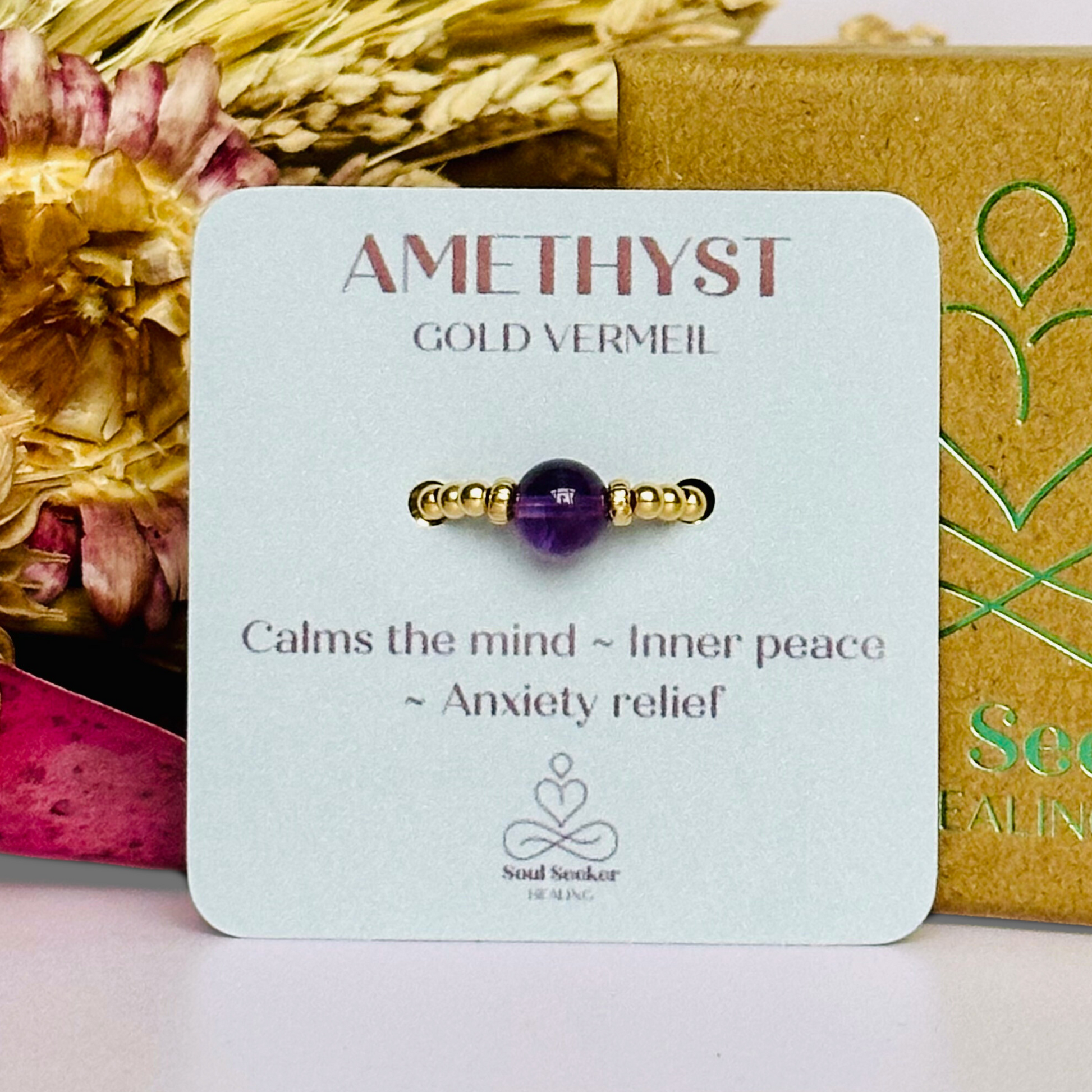 gold amethyst ring, stretchy crystal ring, gold vermeil ring, gold vermeil amethyst ring, amethyst ring, amethyst jewellery, february birthstone, february birthstone ring, birthstone jewellery