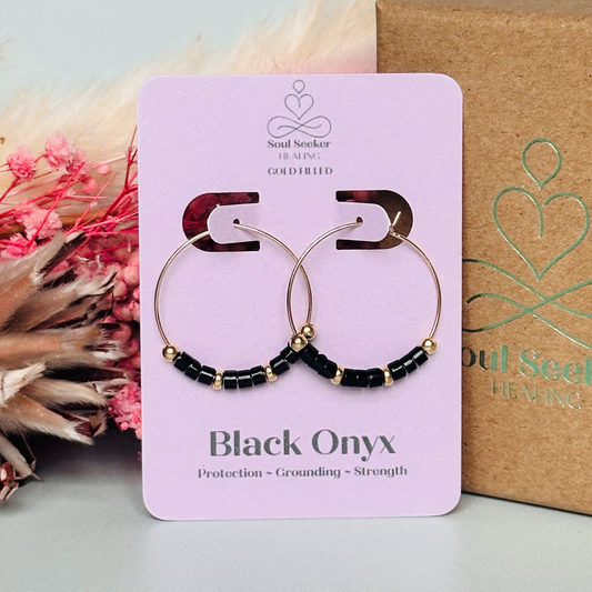 Black onyx gold filled hoop earrings, black onyx earrings, black onyx gold earrings