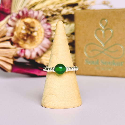 sterling silver green agate ring features a 6mm round ethically sourced green agate bead, surrounded by sterling silver corrugated rondelle beads and delicate 2.5mm sterling silver beads. By Soul Seeker Healing

