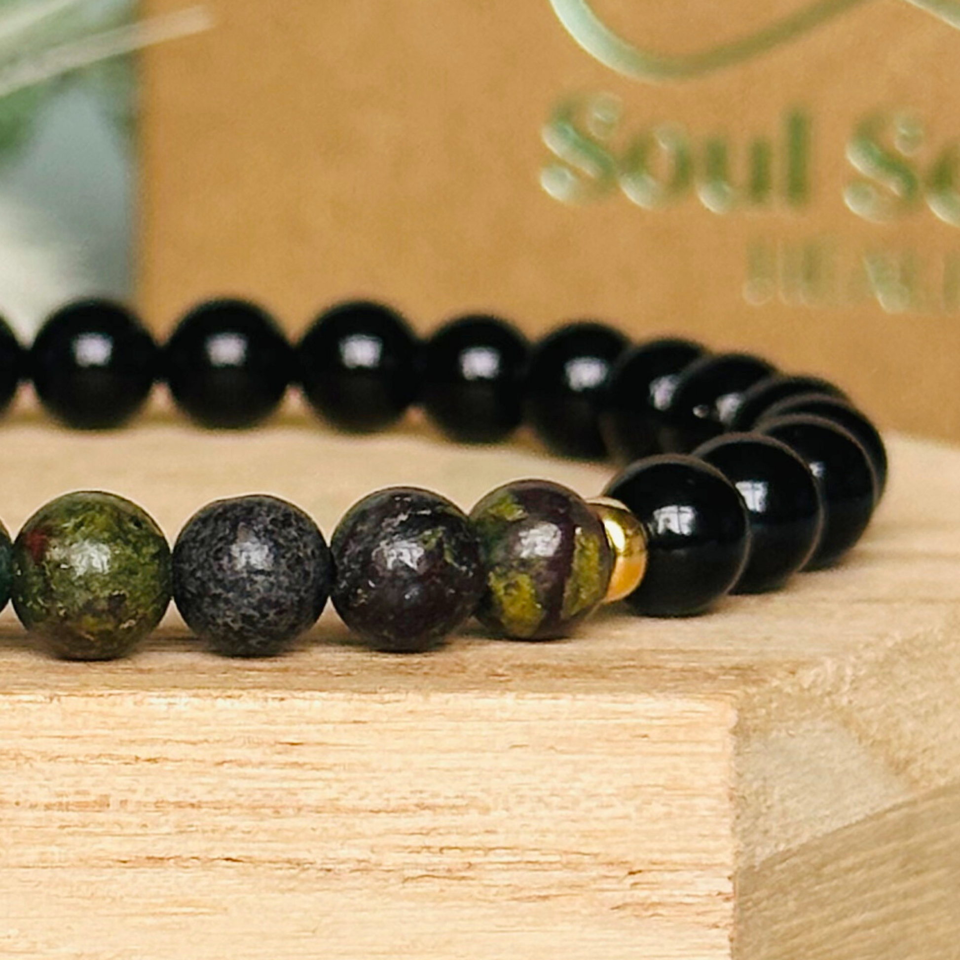 mens dragon blood jasper and black tourmaline bracelet with 6mm crystal beads
